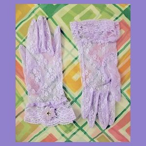 💜Vintage Glamorous Embellished Lilac Sheer Chantilly Lace Nylon Gloves ooak